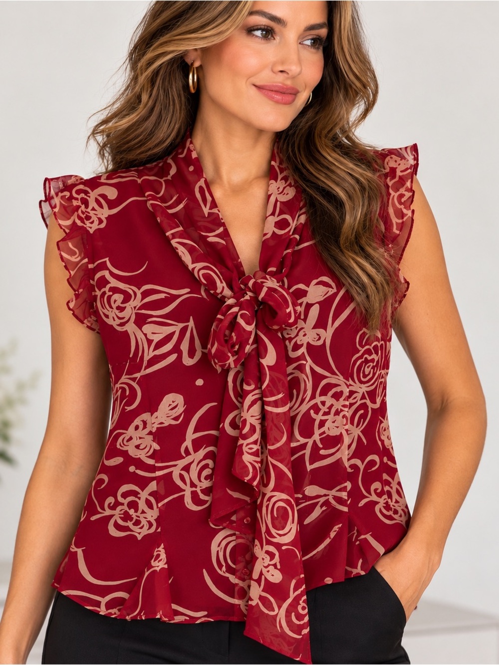 New York City Design Co 100% Silk Cranberry Floral Bow Blouse S 🎥